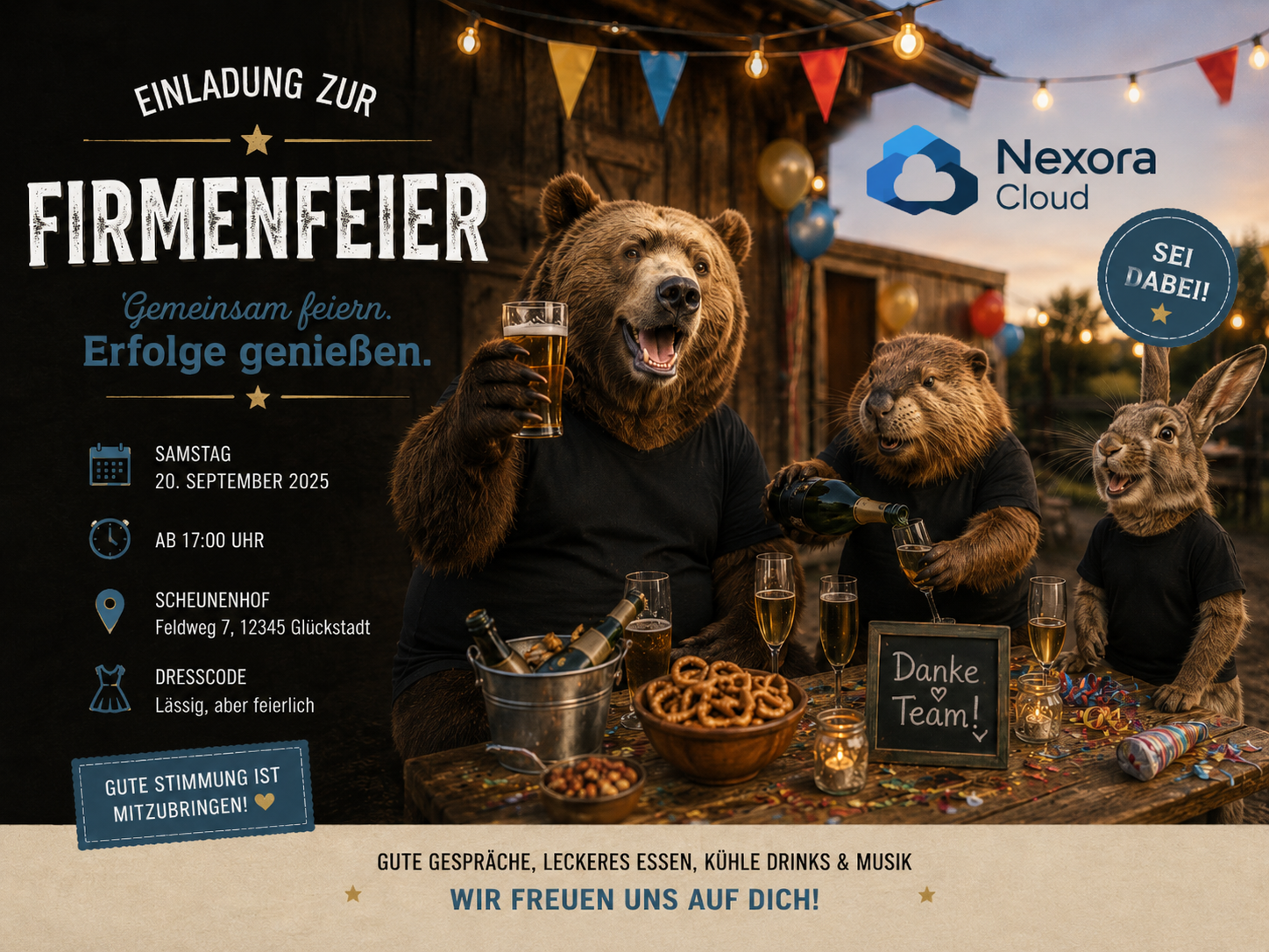 Bär, Otter und Hase feiern Firmenfest, Einladungsdesign ‚Nexora Cloud‘
