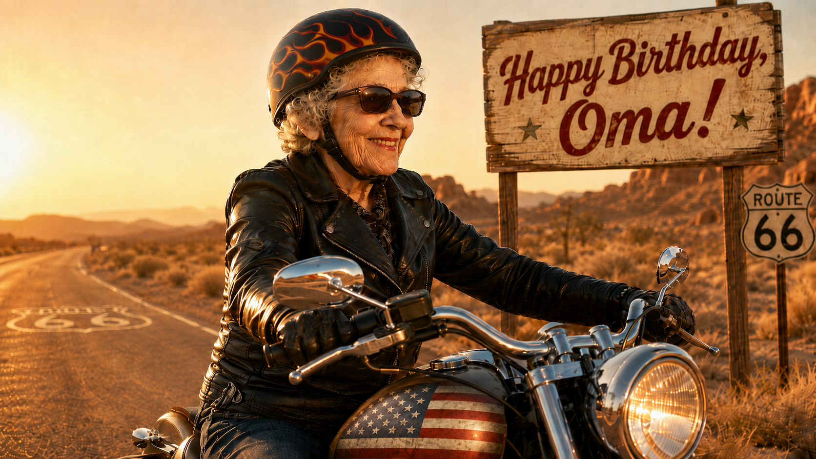 Ältere Frau mit Flammenhelm auf einer Harley auf der Route 66, Schild ‚Happy Birthday, Oma!‘