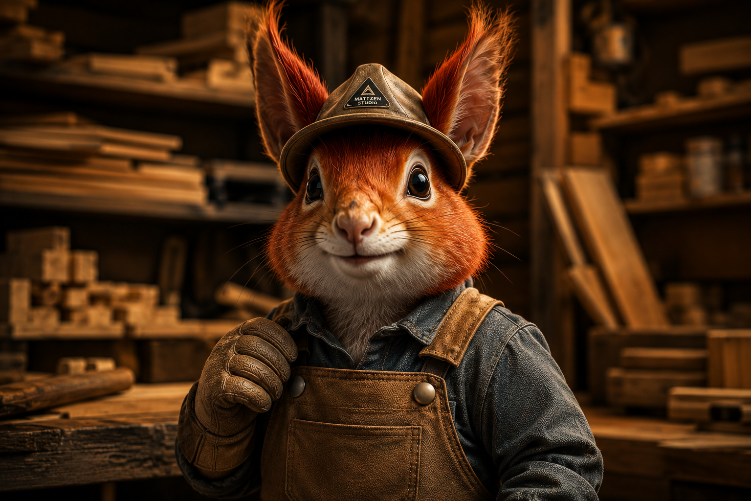 Eichhörnchen in Handwerkerkluft in einer Werkstatt